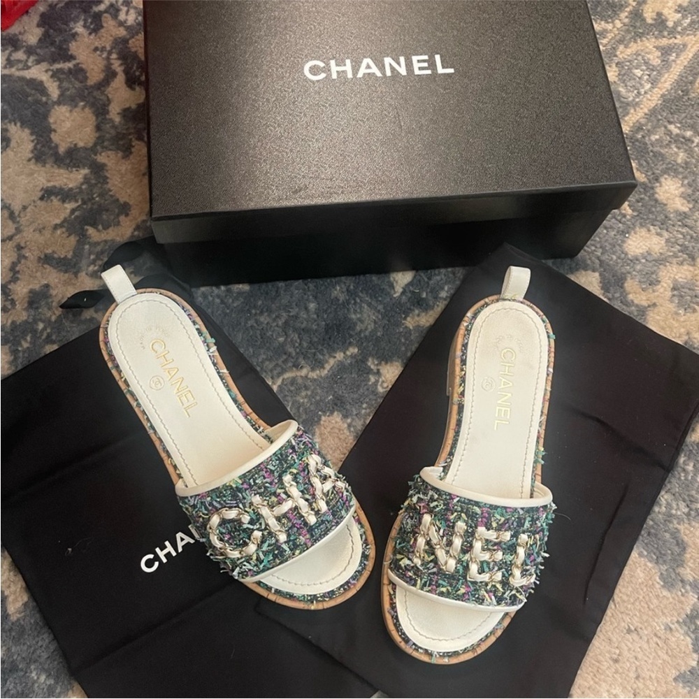 Chanel Tweed Slides Cork Mule Heel 21C White Sandals Slides Size 39 - Picture 2 of 12